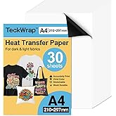 TECKWRAP Printable Heat Transfer Paper for T-Shirts 30 Sheets, 8.3" X 11.7" Printable Heat Transfer Vinyl for Inkjet Printer,