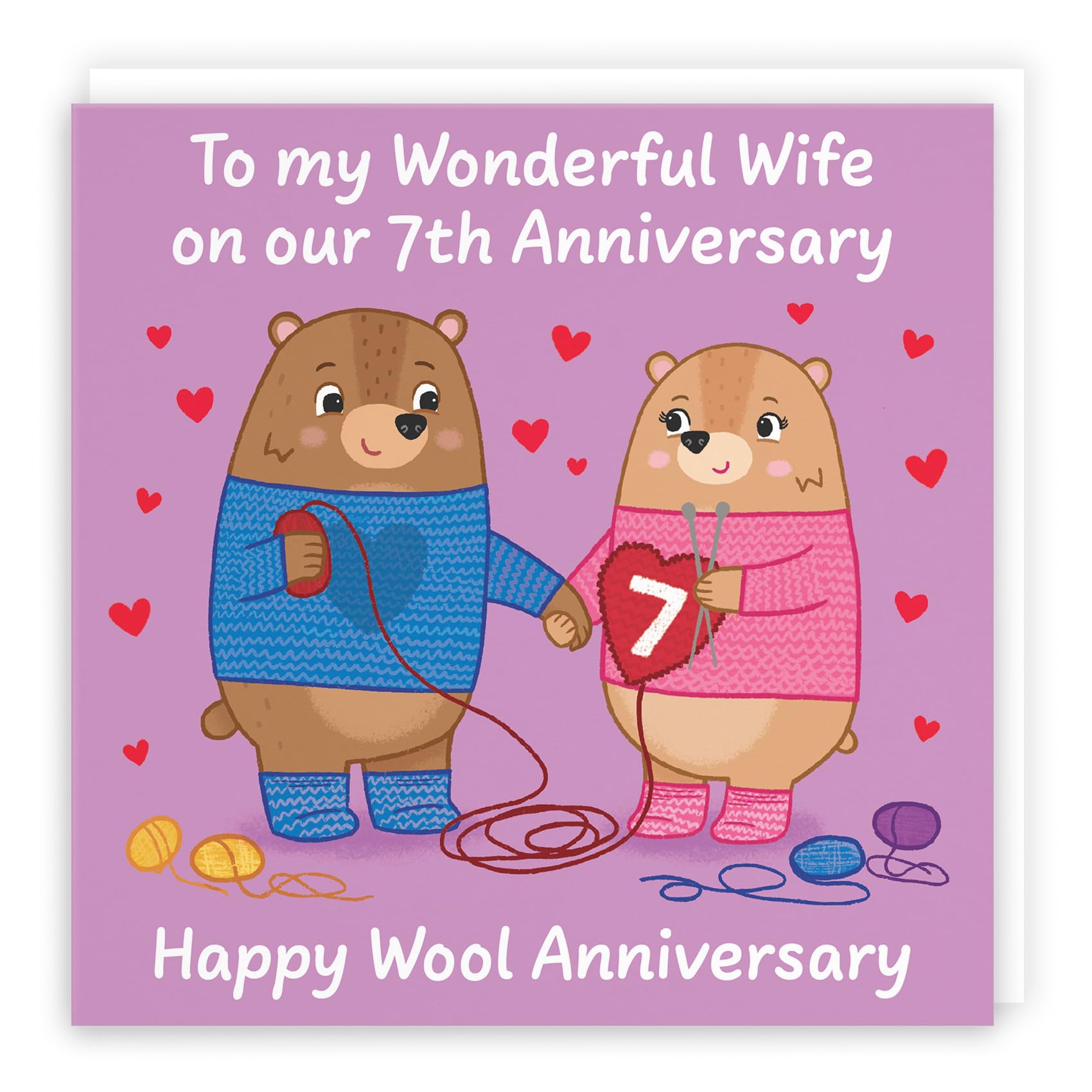 Hunts England - Wife 7th Anniversary Card - Wool Anniversary - Seventh Anniversary - 7 Years - Cute Fun Bears Card - Love Story Collection