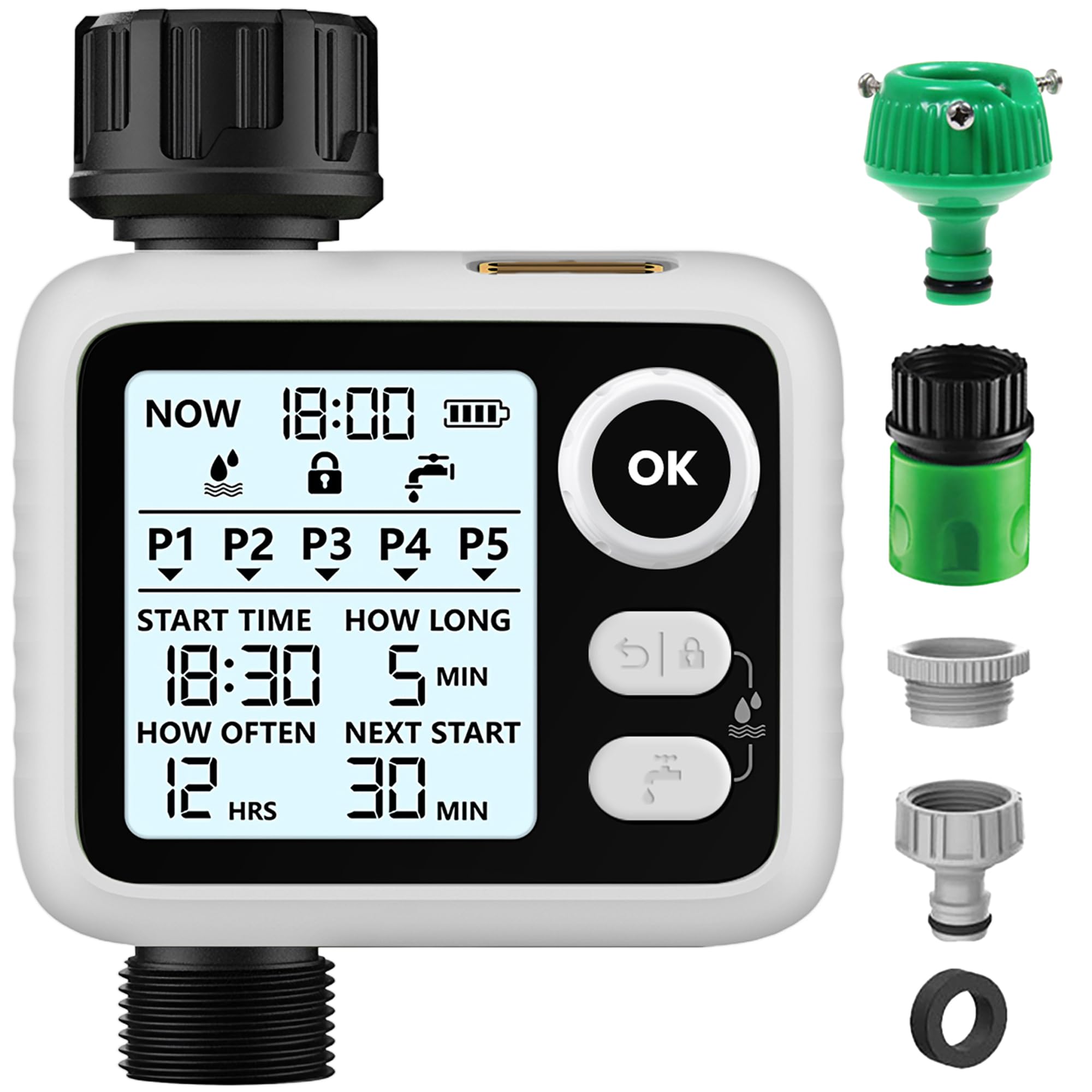 Digital Watering Timer, Programmable Garden Water Timer with Rain Delay, IPX5 Waterproof, Automatic and Manual Watering Modes for Garden, Lawn, Patio, Farm (White)