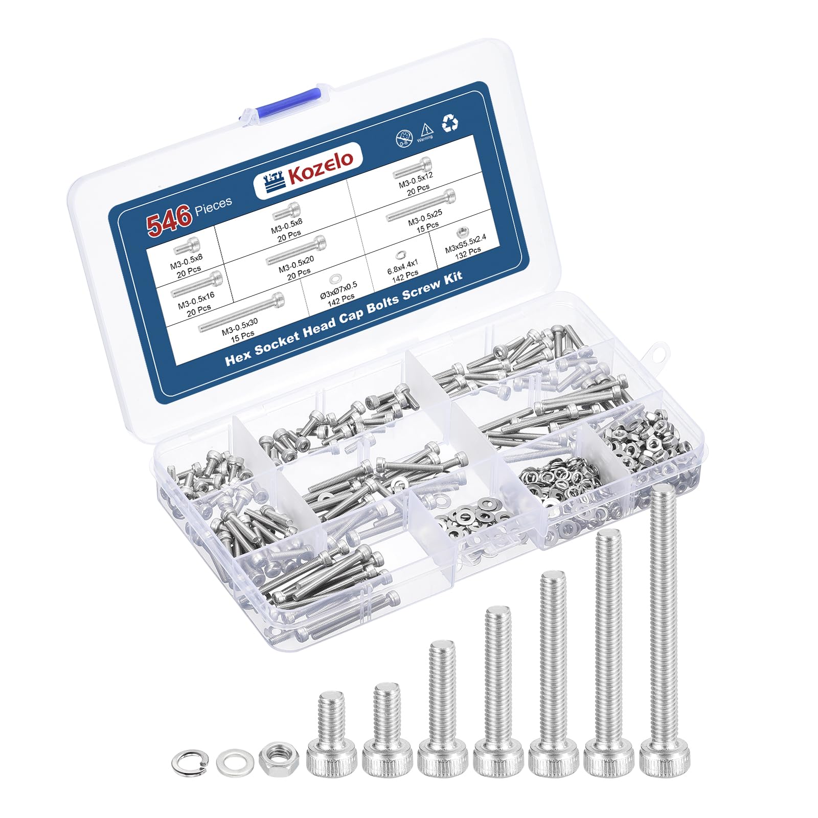 Kozelo 546pcs M3 Socket Head Cap Screws Bolts Nuts Assortment Kit - [M3x6/8/12/16/20/25/30mm] 304 Stainless Steel Allen Socket Drive for 3D Printer