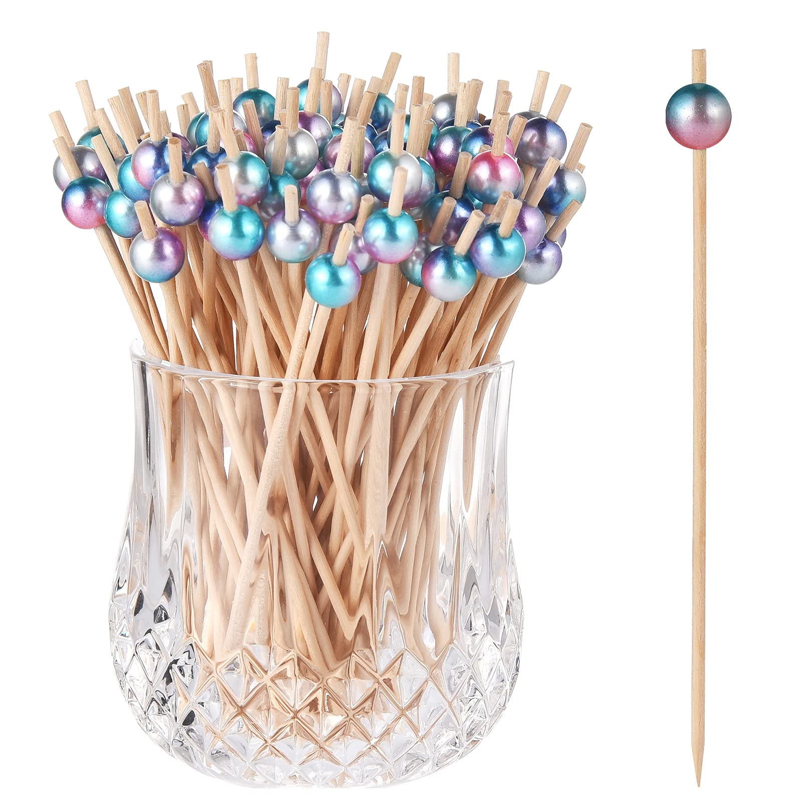 Photo 1 of ALINK 100-Pack Cocktail Picks for Appetizers, Rainbow Pearl Wooden Toothpicks Skewers Sticks for Food, Drinks, Fruits, Party Supplies, Charcuterie Accessories - 4.72 inch