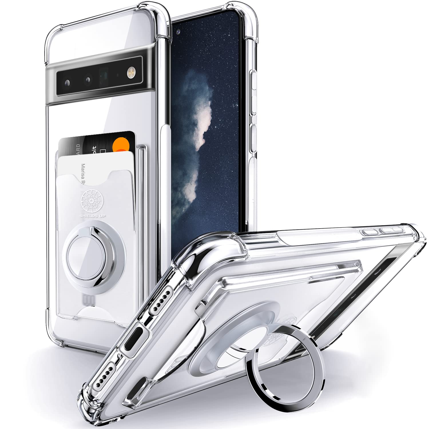Shields Up for Pixel 6 Pro Case, Minimalist Wallet Case with Card Holder [3 Cards] & Ring Kickstand/Stand, [Drop Protection] Slim Protective Cover for Google Pixel 6 Pro - Clear