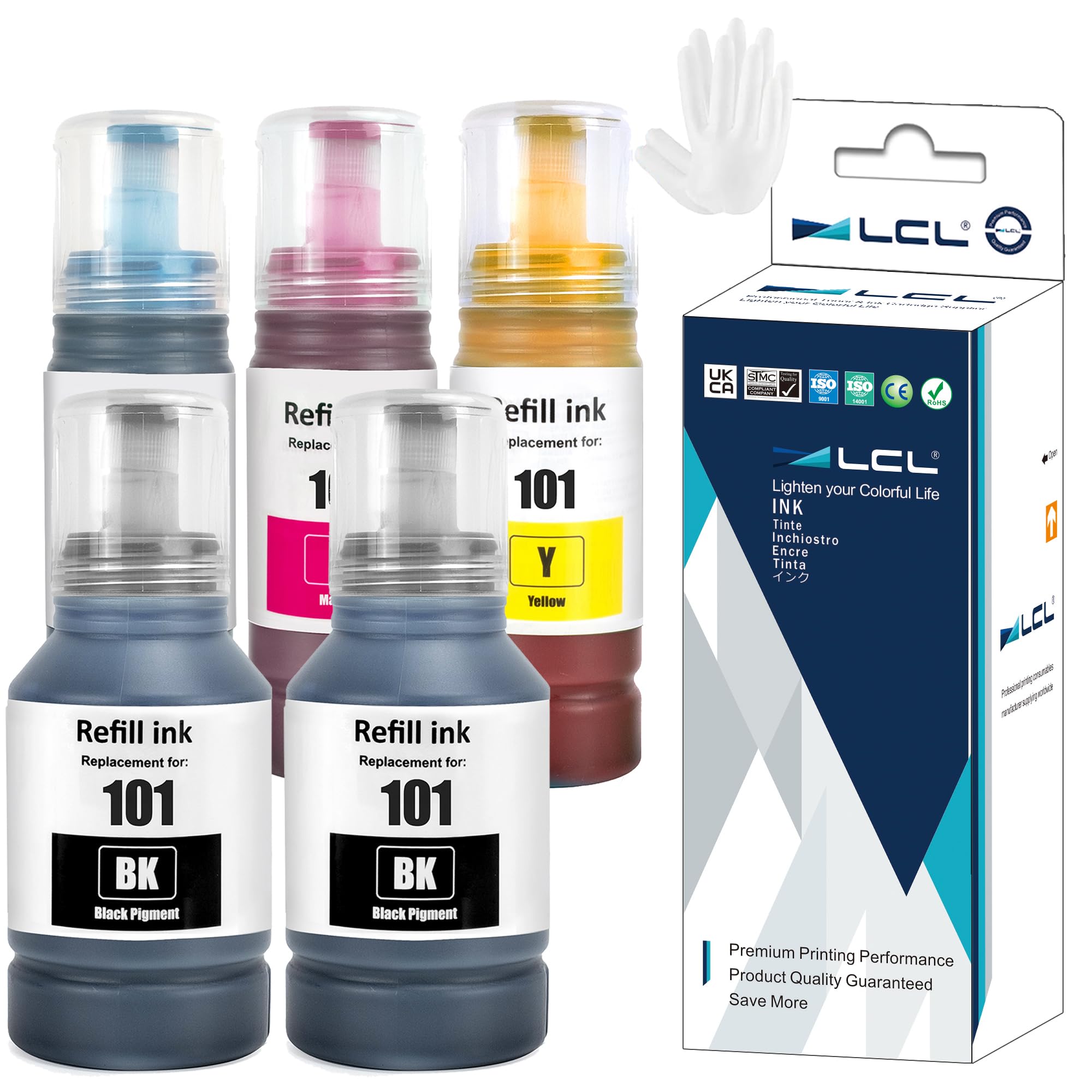 LCL 101 High Capacity Ink Bottle Replacement for Epson 101 Ink Cartridge Bottle Multipack Compatible with Epson EcoTank L4150 L4160 L4260 L4266 L6160 L6170 L6176 L6190 L6260 L6270 L6276 L6290 (5 Pack)