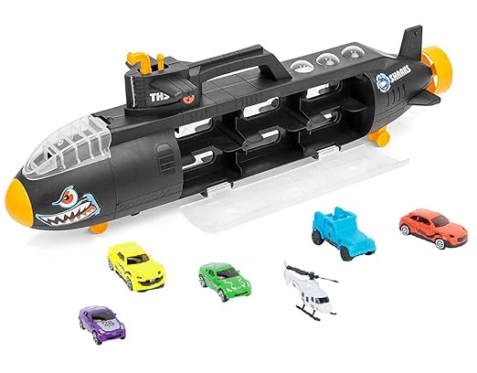 MWG Exports Co Submarine Shark Car Carrier Toy Truck with 5 Stylish Sports Cars + 1 Helicopter Vehicle for Kids Toys