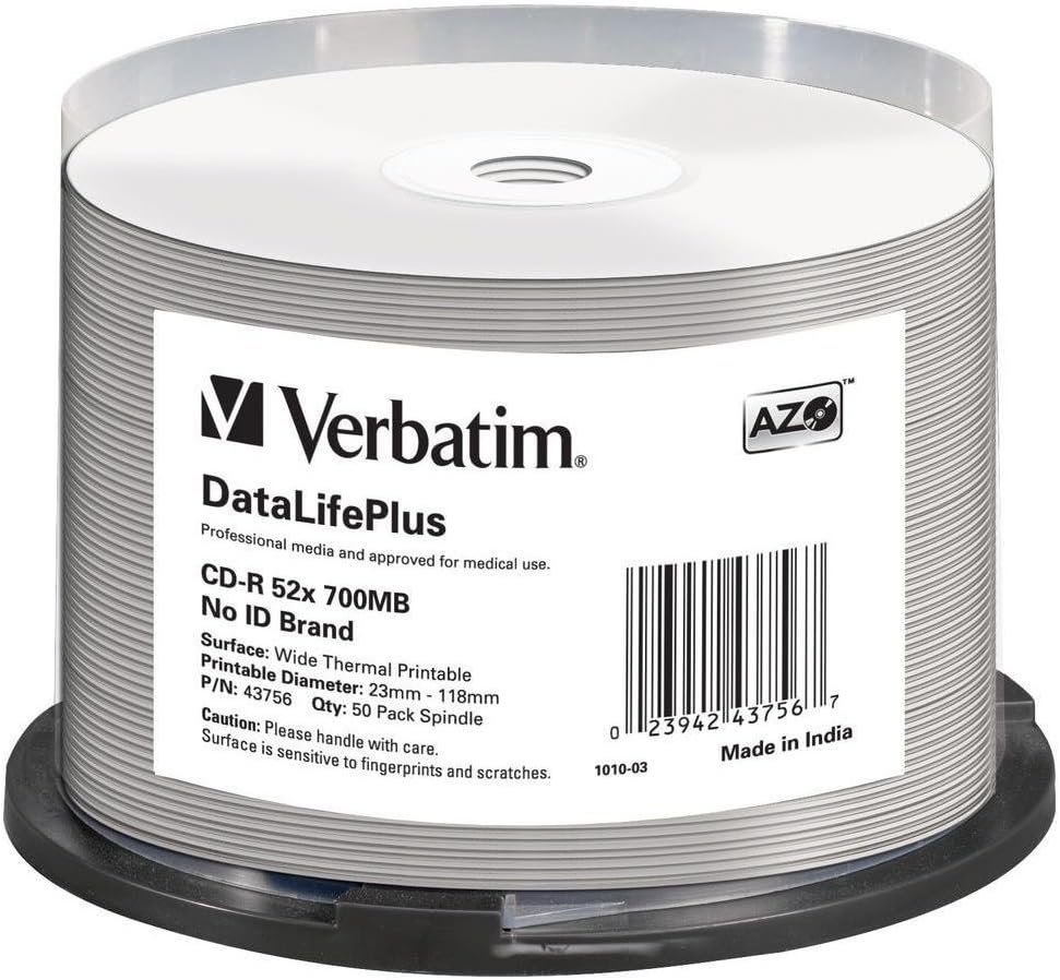 Verbatim 43756 700MB 52x DataLife Plus Printable CD-R Spindle 50 Pack