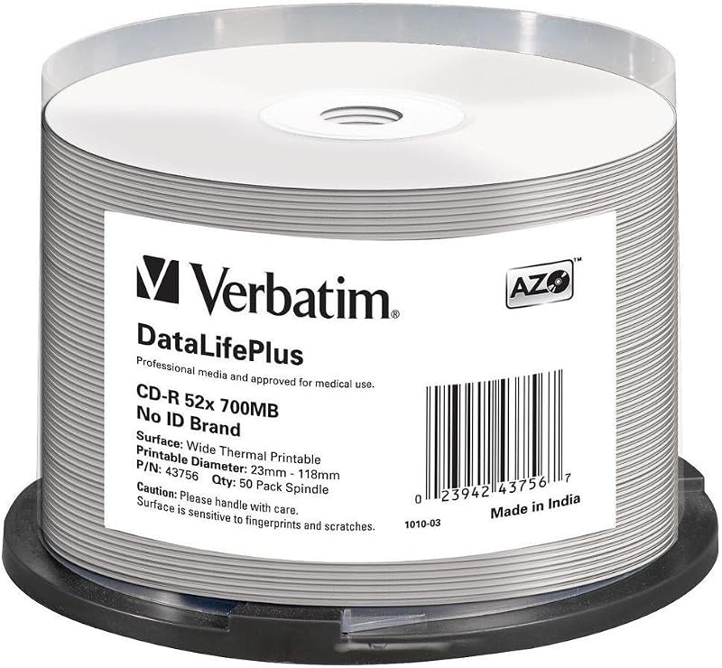 Verbatim 43756 700MB 52x DataLife Plus Printable CD-R Spindle 50 Pack