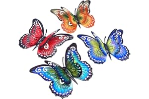 DAOGTC Metal Butterfly Outdoor Wall Decor- 6.5'' 3D Metal Colorful Hanging Double Wings Butterflies for Garden Yard Decoration Outdoor or Indoor Decor, Gifts for Mom Dad Friends (4 Pack)