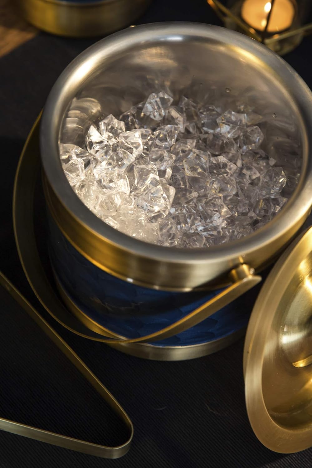BarCraft BCICBUCBLUBRS Midnight Luxe Ice Bucket with Lid and Tongs