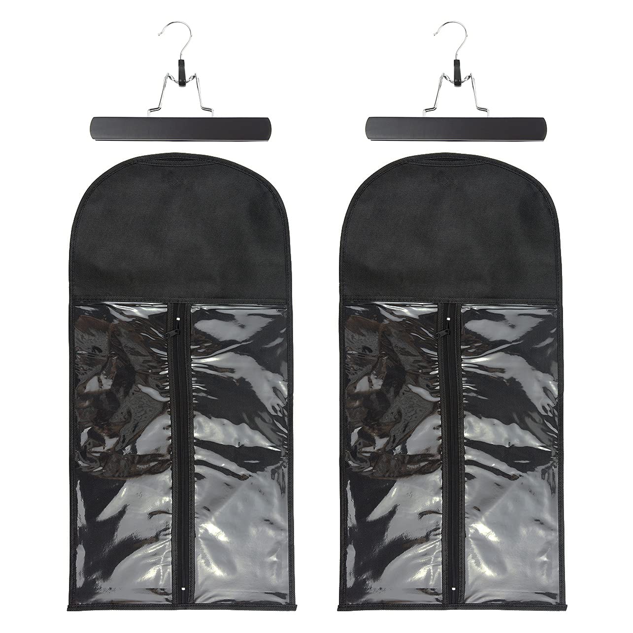 2 Pcs Wig Hair Extensions Storage Bag with Wooden Hanger Portable Dust-proof Wig Bag (Black)