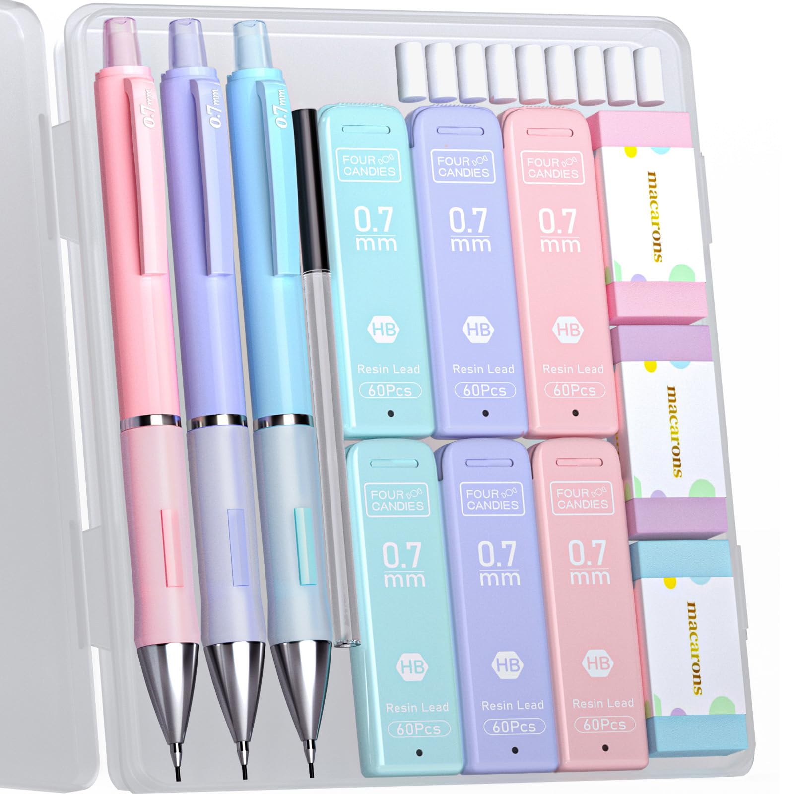Four Candies Aesthetic Mechanical Pencil Set - 3PCS 0.7mm Mechanical Pencils with 360PCS HB Lead Refills, 3PCS Erasers and 9PCS Eraser Refills, Cute Mechanical Pencils for School Writing & Drawing