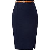 Kate Kasin Women's Tweed Pencil Skirt Knee Length High Waisted Skirts with Slit Elegant Skirts with Belt
