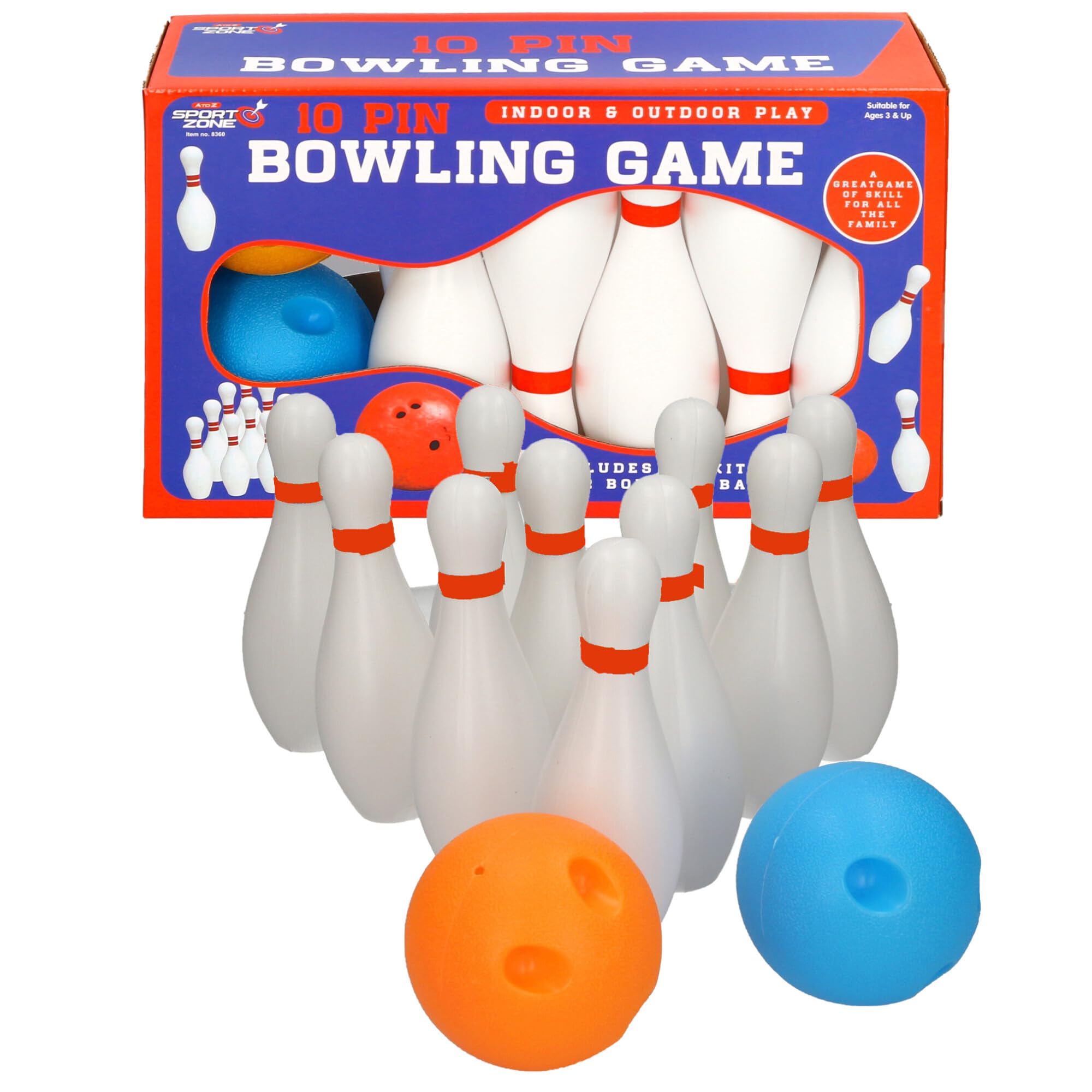 Sport Zone 10 Pin Bowling Game Set, Indoor & Outdoor Play, Ages 3+, Includes 10 Skittles and 2 Bowling Balls