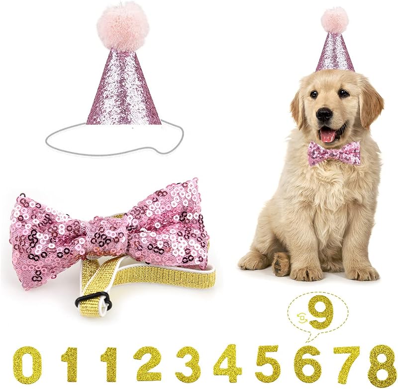 Fantasyon Dog Cat Birthday Hat with Bow Tie Pink Adjustable Reusable Party