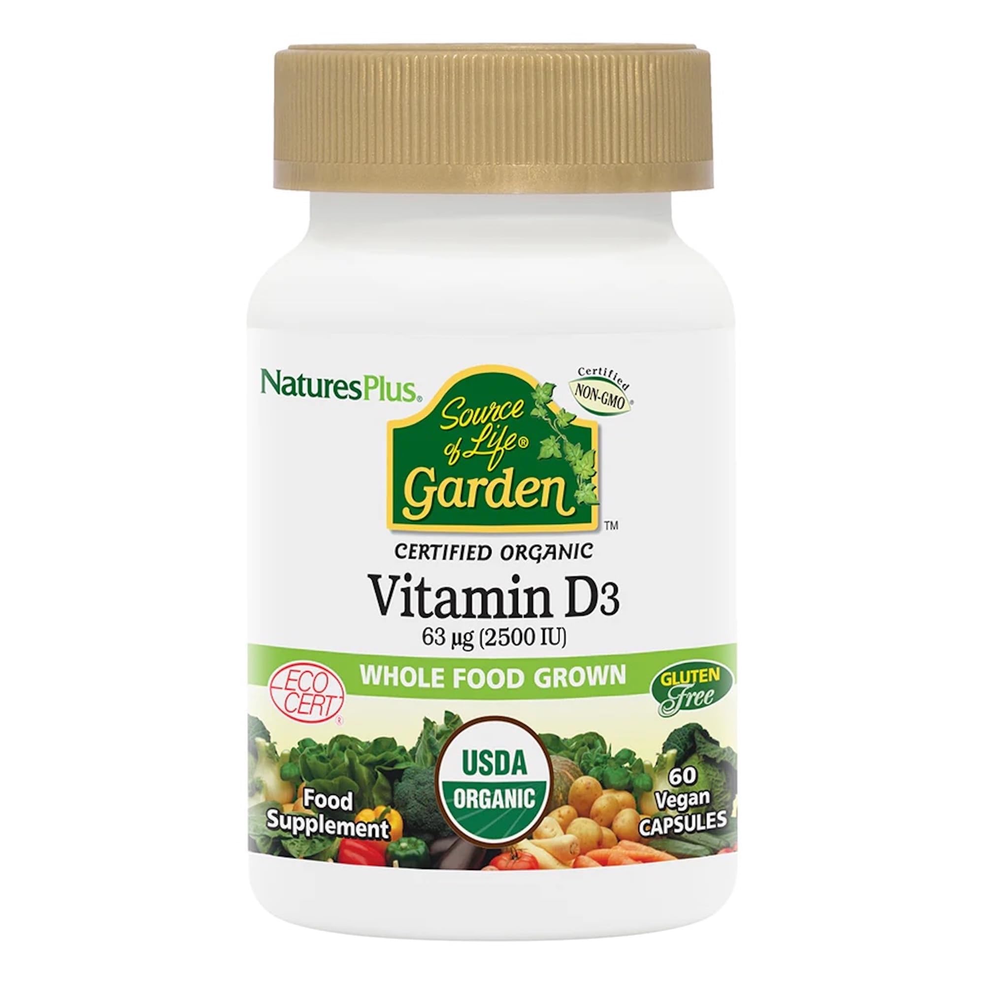 NaturesPlus Source of Life Garden Vitamin D3 2500IU Capsules - Organic and Vegan Vitamin D3 Supplement for Bone and Immune Support - Gluten Free - 60 Servings