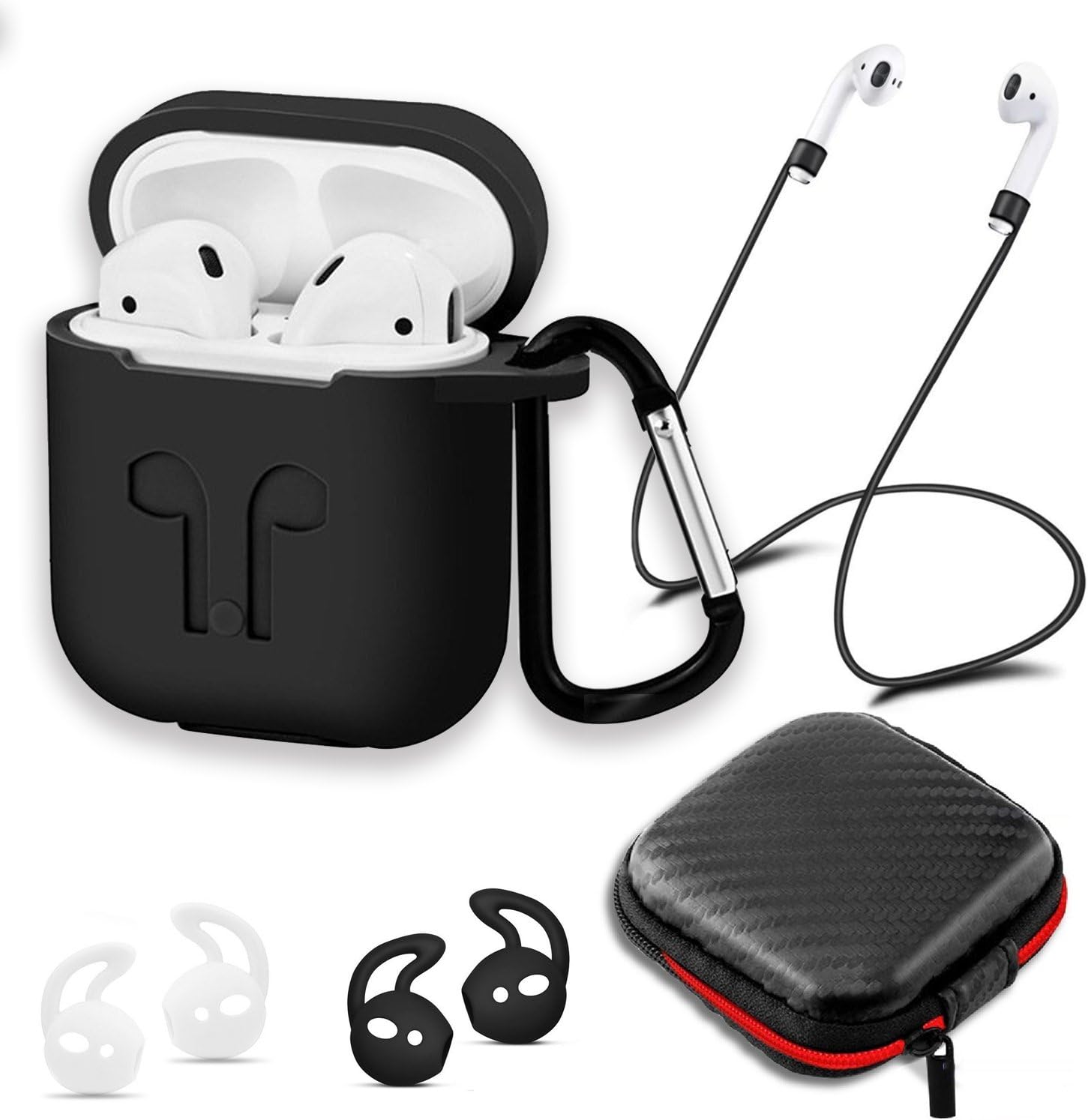 AirPods Case, Vitog AirPods Accessories Case Shockproof Protector with Silicone for Apple Airpods, 2 Pairs of Secure Ear Hooks, 1 Anti-Lost Straps and 1 Headset Receiving Box(Black)
