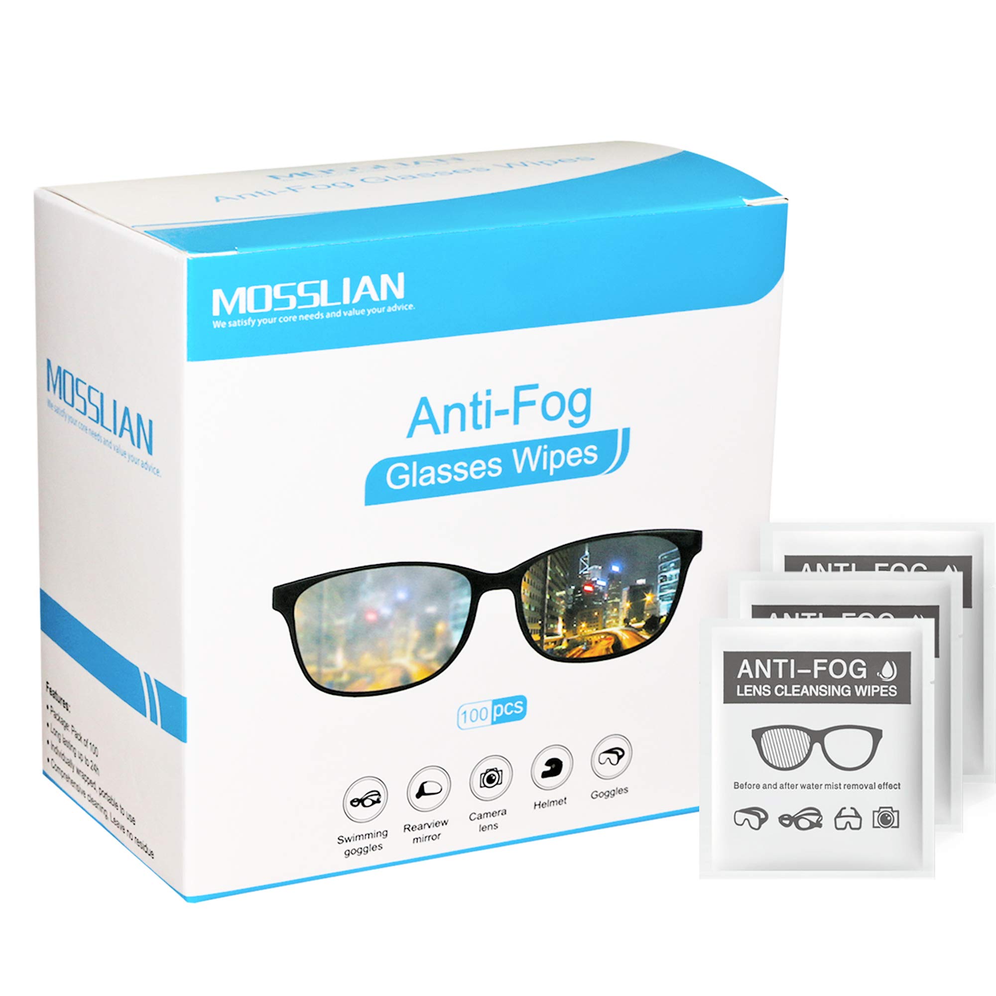 Anti Fog Glasses Wipes MOSSLIAN Lens Cleaning Wet Wipes for Smartphone, iPhone, Screens and Other Delicate Surfaces, Pack of 100