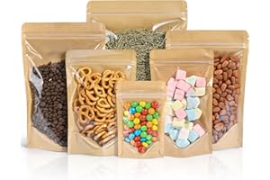 FireKylin 100PCS Stand Up Pouches 3.5"x5.5" Paper Bags With Window Clear Front Pouches Resealable Zipper Food Storage Brown