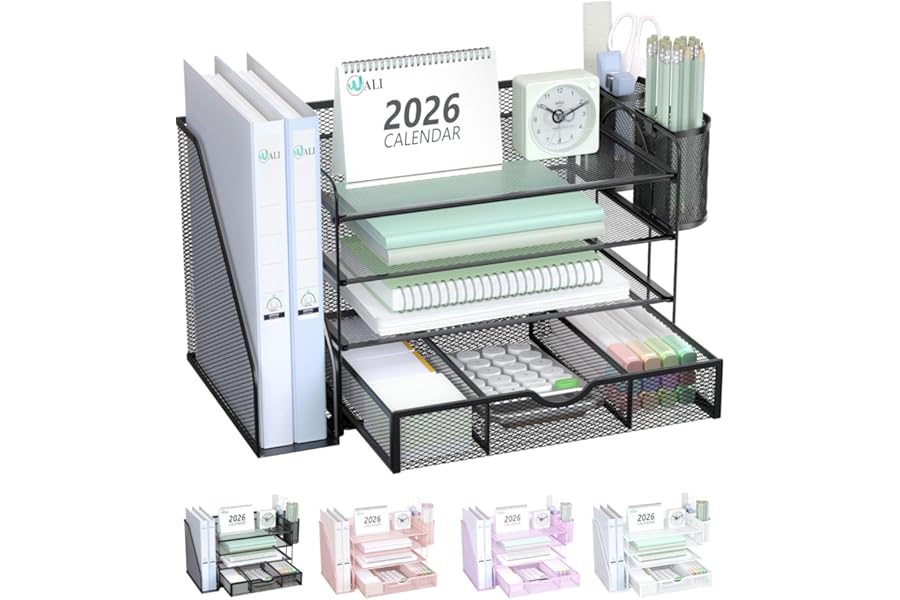 WALI Desk File Organizer, 4 Tier Desktop Paper Letter Tray Organizer with Drawer and 2 Pen Holders, Office Desk Accessories &