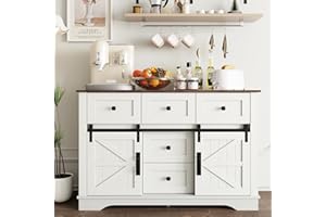 Vabches Farmhouse Sideboard Buffet Cabinet with Storage, Large Kitchen Sideboard Cabinet, Sliding Barn Doors and 5 Drawers, Adjustable Storage Shelves, Coffee Bar Table for Dining Room, White