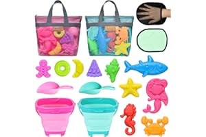 Aclarastra Collapsible Beach Sand Toys for Kids - Travel Beach Toys with 2 Collapsible Beach Buckets, Mesh Bags, Animal Sand Molds, Sand Bucket Shovel Set Sandbox Toy for Toddler Kid Ages 3-5-7