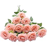 LVEFIT 12pcs Artificial Rose Flower Coral Peach Flower with Long Stem Silk Roses Bouquet for Wedding Bridal Shower Party Home Decoration