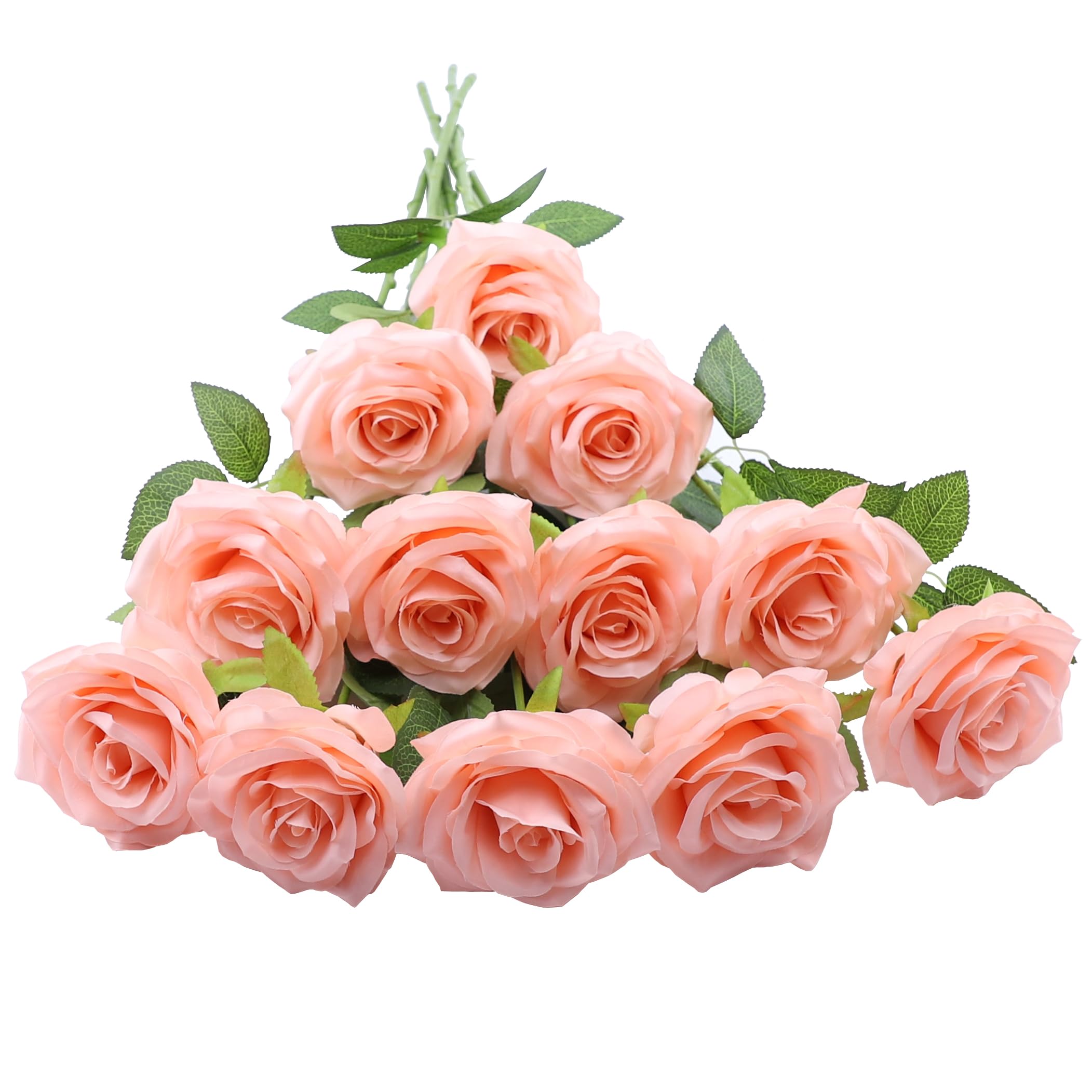 Photo 1 of LVEFIT 12pcs Artificial Rose Flower Coral Peach Flower with Long Stem Silk Roses Bouquet for Wedding Bridal Shower Party Home Decoration