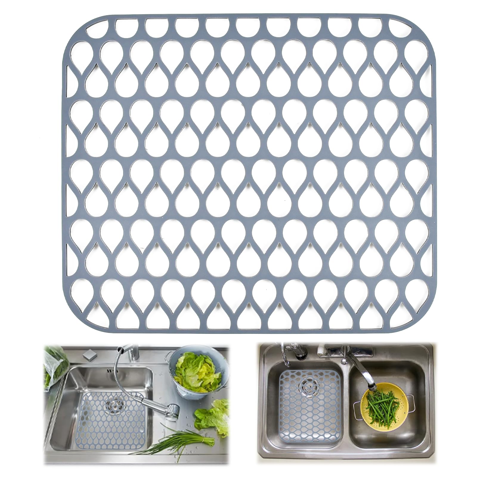 Silicone Sink Mat, ADERTOS Folding Non-Slip Sink Protectors Kitchen Sink Protector Mat Silicone Mats Counter Protector for Bottom of Kitchen Sink, Dishes and Glassware Drain Mat - Grey, 34.5 x 29.5cm