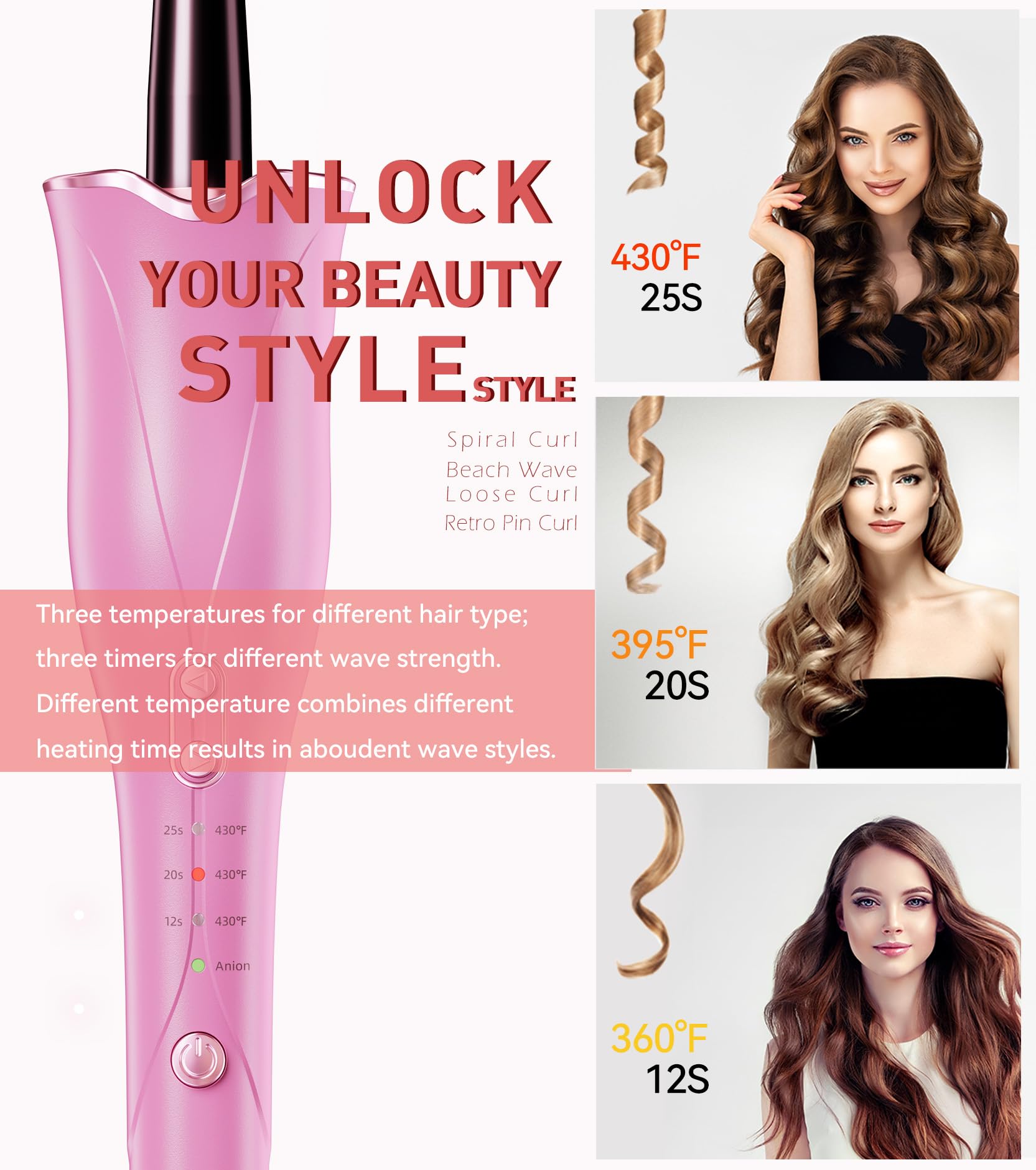 Automatic Curling Iron, Curling Wand Self Rotating for Medium and Long Hair, with Guider Rod - Easy to Use, No Burns, No Tangle, Fast Curl, 1 Inch, Dual Voltage, Automatic Hair Curler for Teen Girls