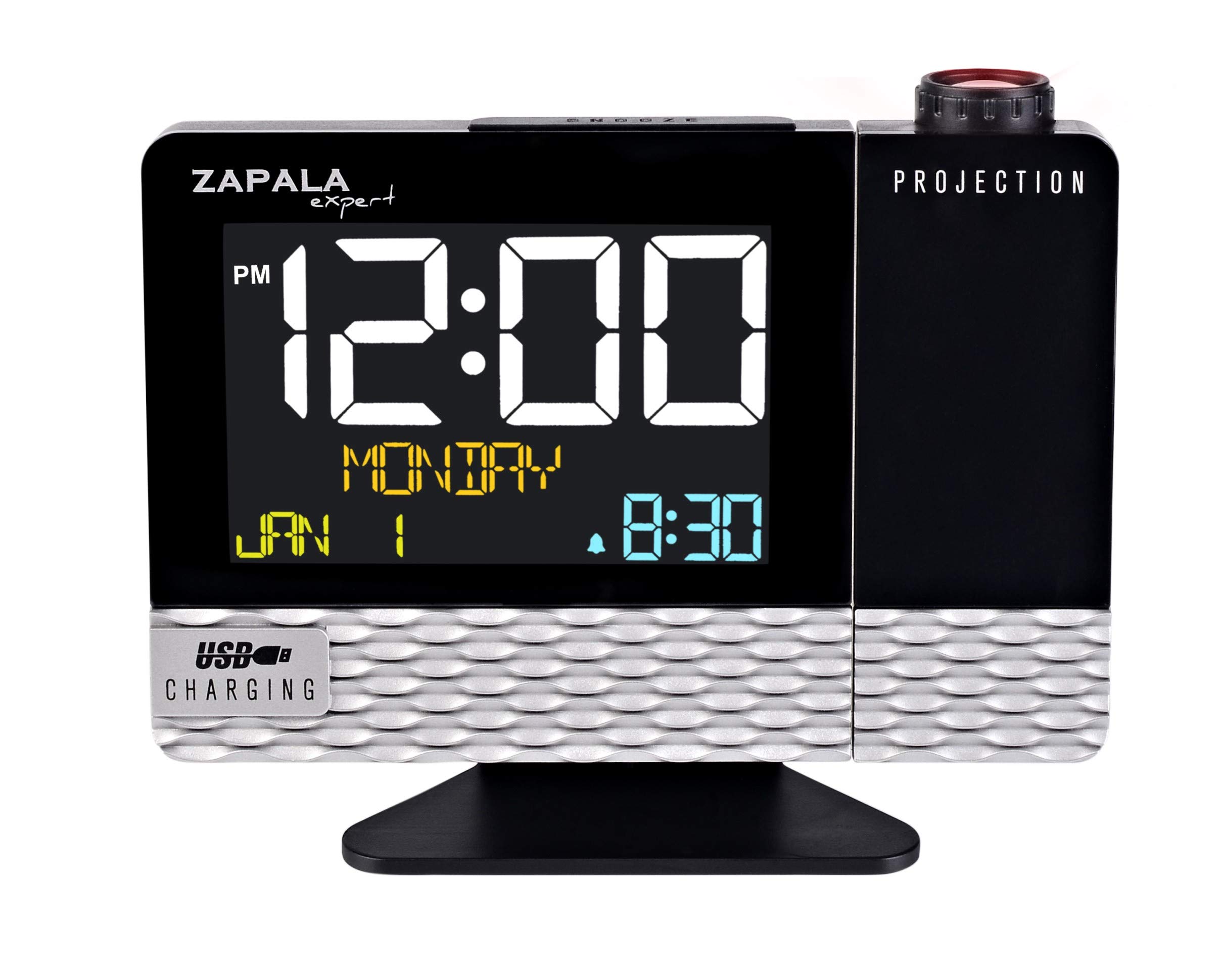 ZAPALA expert Large Color LCD Display Alarm Clock, Snooze Function, USB Port for Smart Phones and Tablets Charging, Time Projection, Calendar & Alarm Time Display