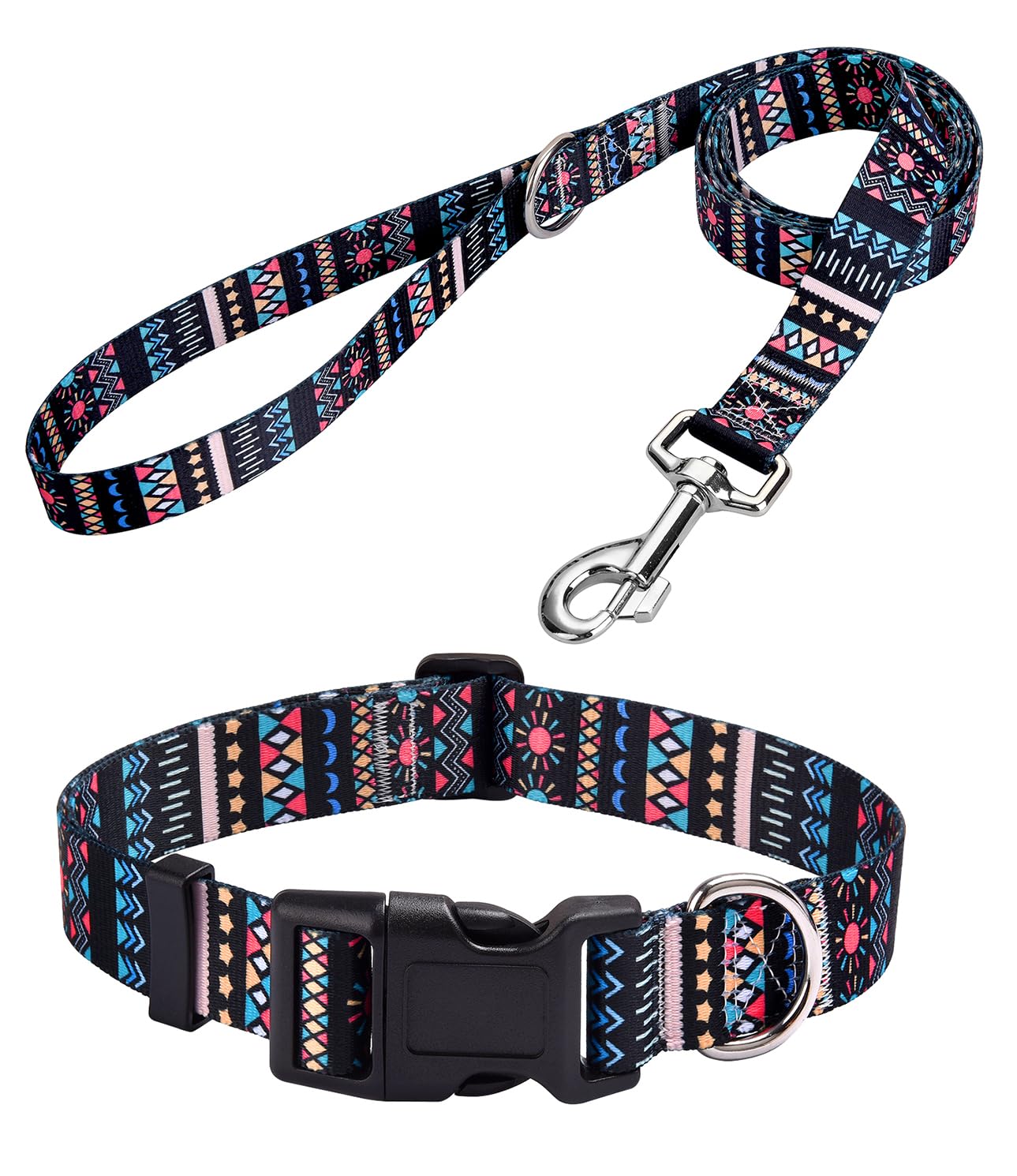 MarukoPet Dog Collar and Leash Set, Adjustable for Small Medium Large Dogs Puppy, Cute Design with Bohemia Floral Tribal Geometric Patterns Boys Girls Dog Collar(Black Bohemia Set,S)