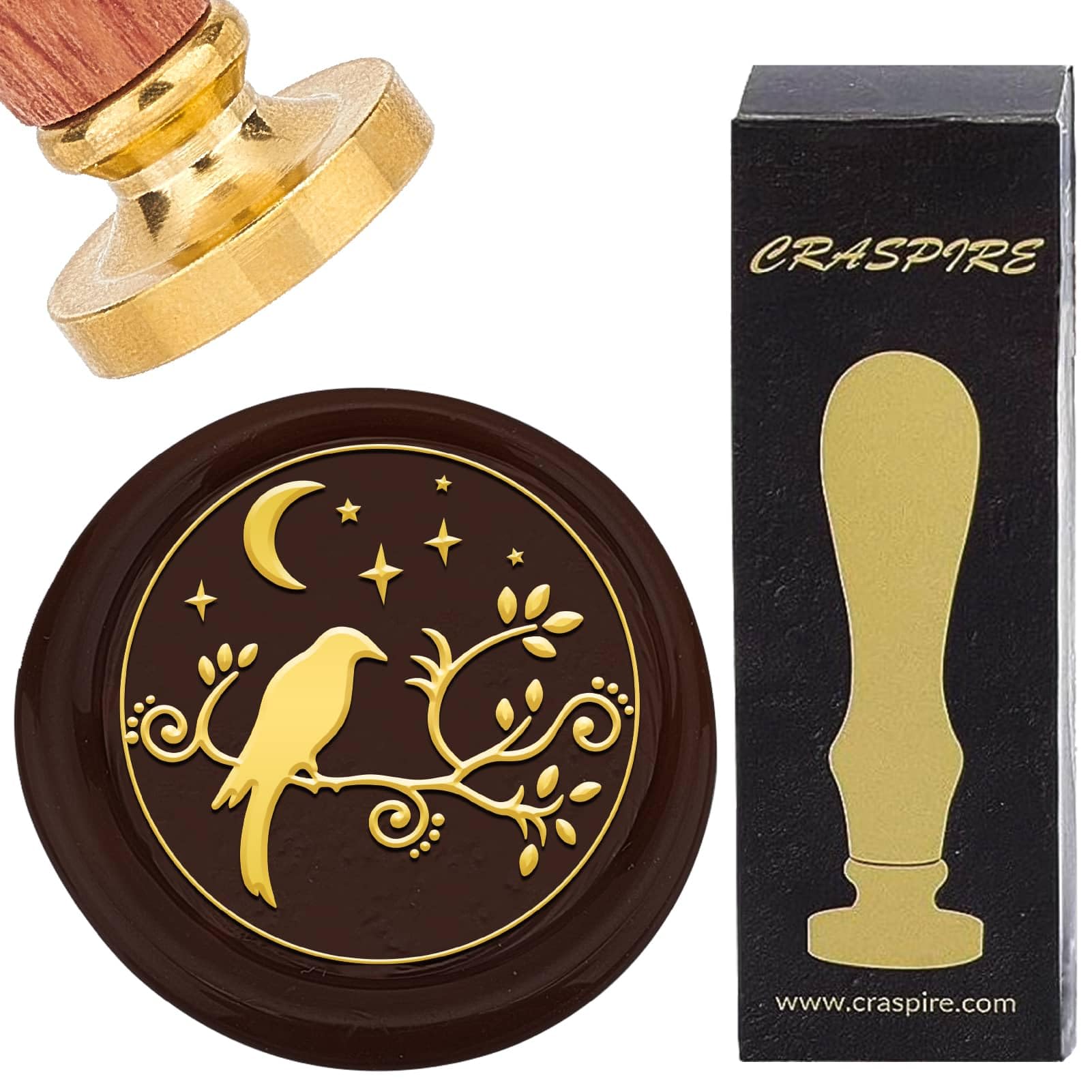 CRASPIRE Raven Wax Seal Stamps Retro Moon Star Sealing Wax Stamp 25mm Removable Brass Head with Rosewood Handle for DIY Scrapbooking Invitation Gift Wrap Envelopes Wine Packages