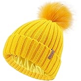 FURTALK Womens Winter Beanie Hat Satin Lined Faux Fur Pom Pom Beanies Hat for Women Winter Warm Knit Hats Yellow