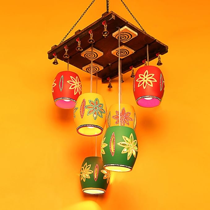 ExclusiveLane Wooden Barrel Shaped Chandelier with Metal Hanging Shades Lamps - 6