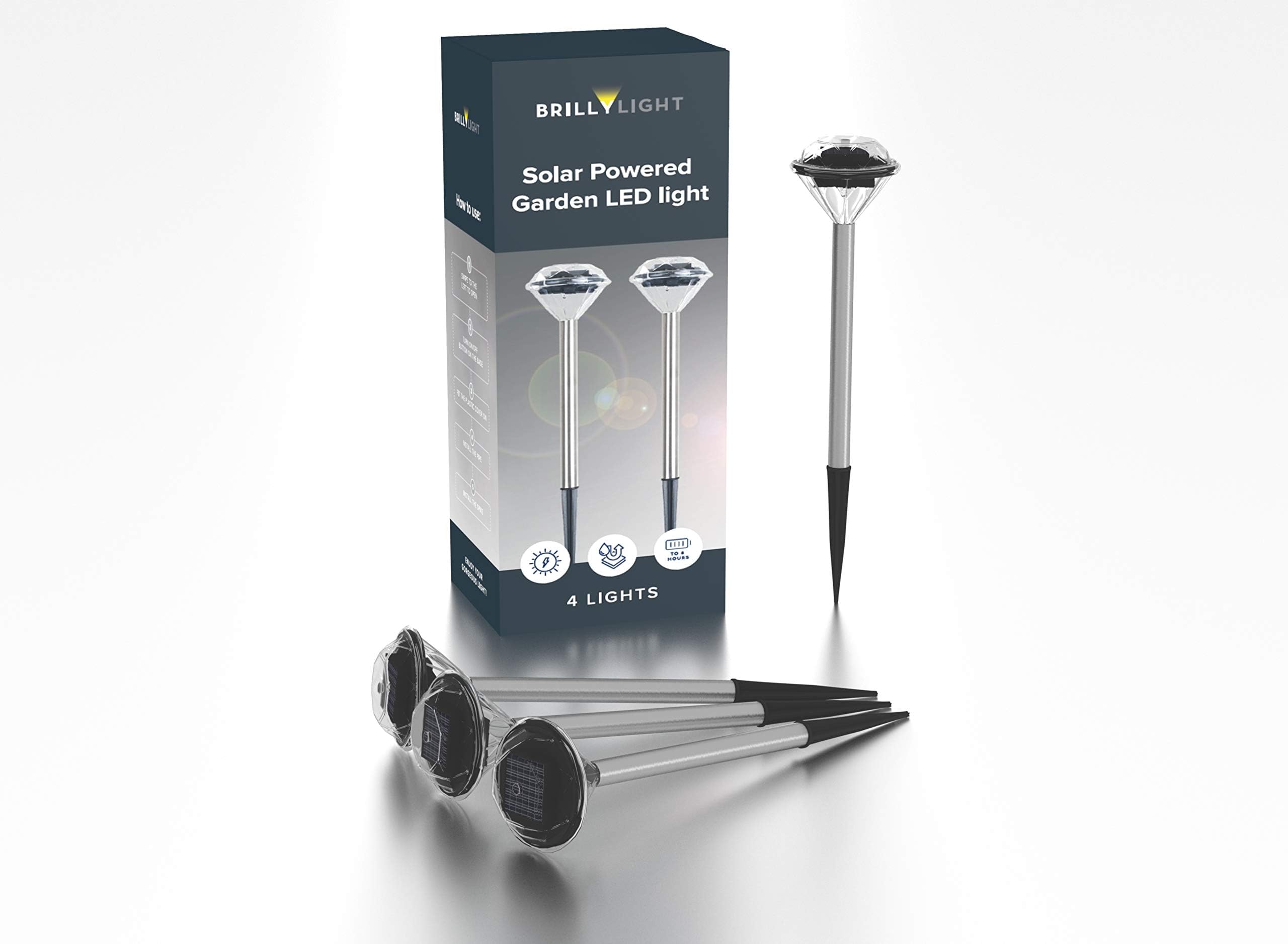 BrillyLight Elegant Solar Stake Lights Outdoor; Perfect for Pathway, Patio, Lawn, Yard, Garden, Flower Pot, Sidewalk. Super Bright White. Stainless Steel, Waterproof (4 Pack)