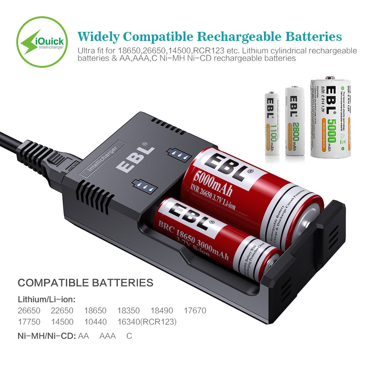 EBL Universal Rechargeable Battery Charger for Ni-MH/Ni-CD AA AAA C Rechargeable Batteries and 3.7V Li-ion Batteries 18650 18490 18350 17670 17500 16340(RCR123) 14500