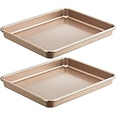 HONGBAKE 2 Pack 11 x 9 Inch Toaster Oven Pans and Trays, Small Baking Sheet Set for Cooking, Non-Stick Cookie Sheets, Heavy-Duty 0.8mm Thick, Easy to Clean, 1.26 Inch Deep, Gold