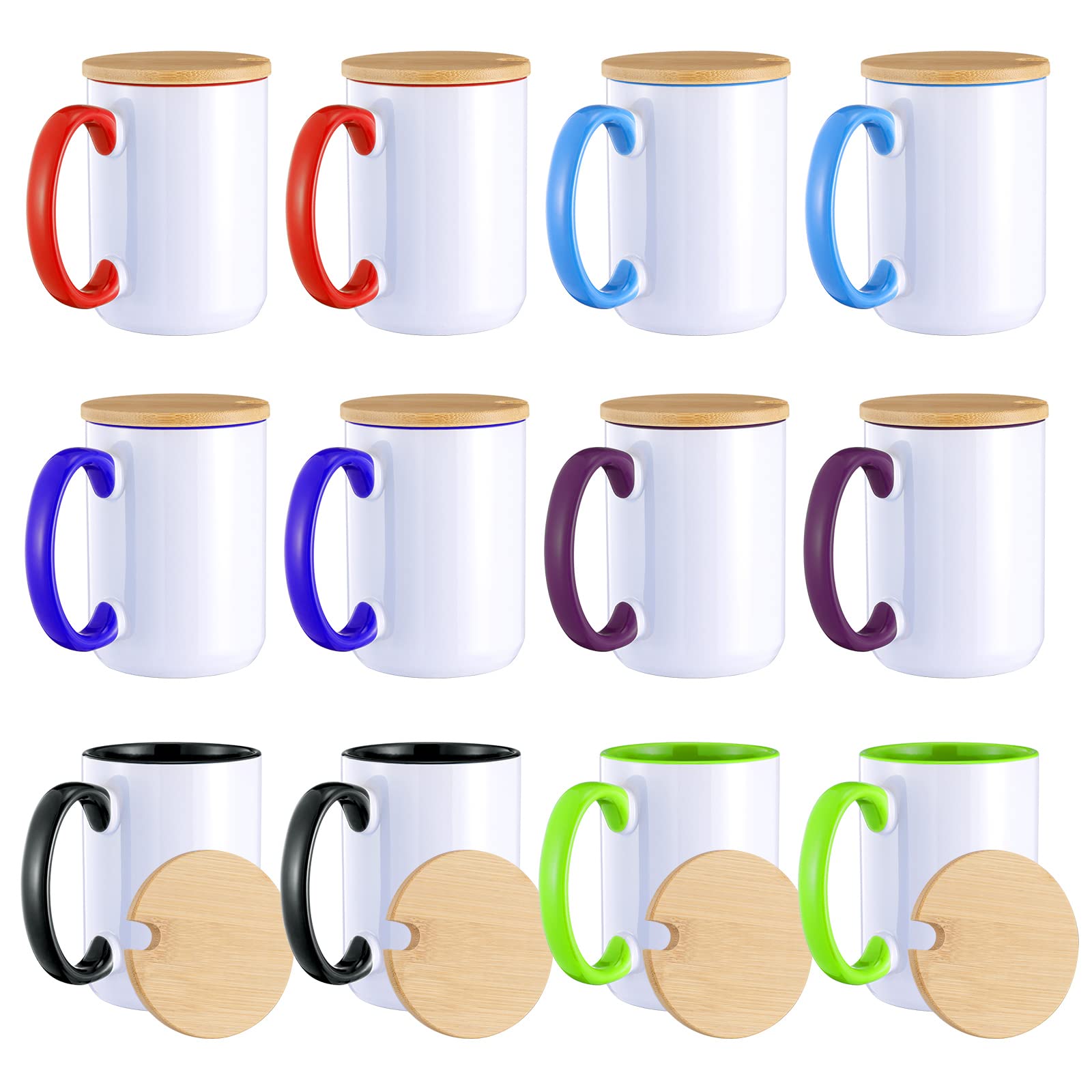 Photo 1 of RAINBOWTIE Sublimation Mugs Set of 12, 15 oz Sublimation Coffee Mugs with Bamboo Lid, Tazas Para Sublimar, Mug Sets, Coffee Cup with Lid,6 Assorted Colors