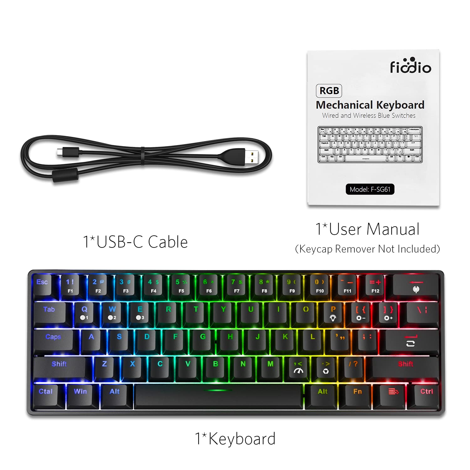 61 Keys RGB Wireless and Wired Mechanical Gaming Keyboard with Blue Switches, Audible Click Sound Rainbow Portable Compact Mini Office Keyboard for Windows PC Gaming, (F-SG61)