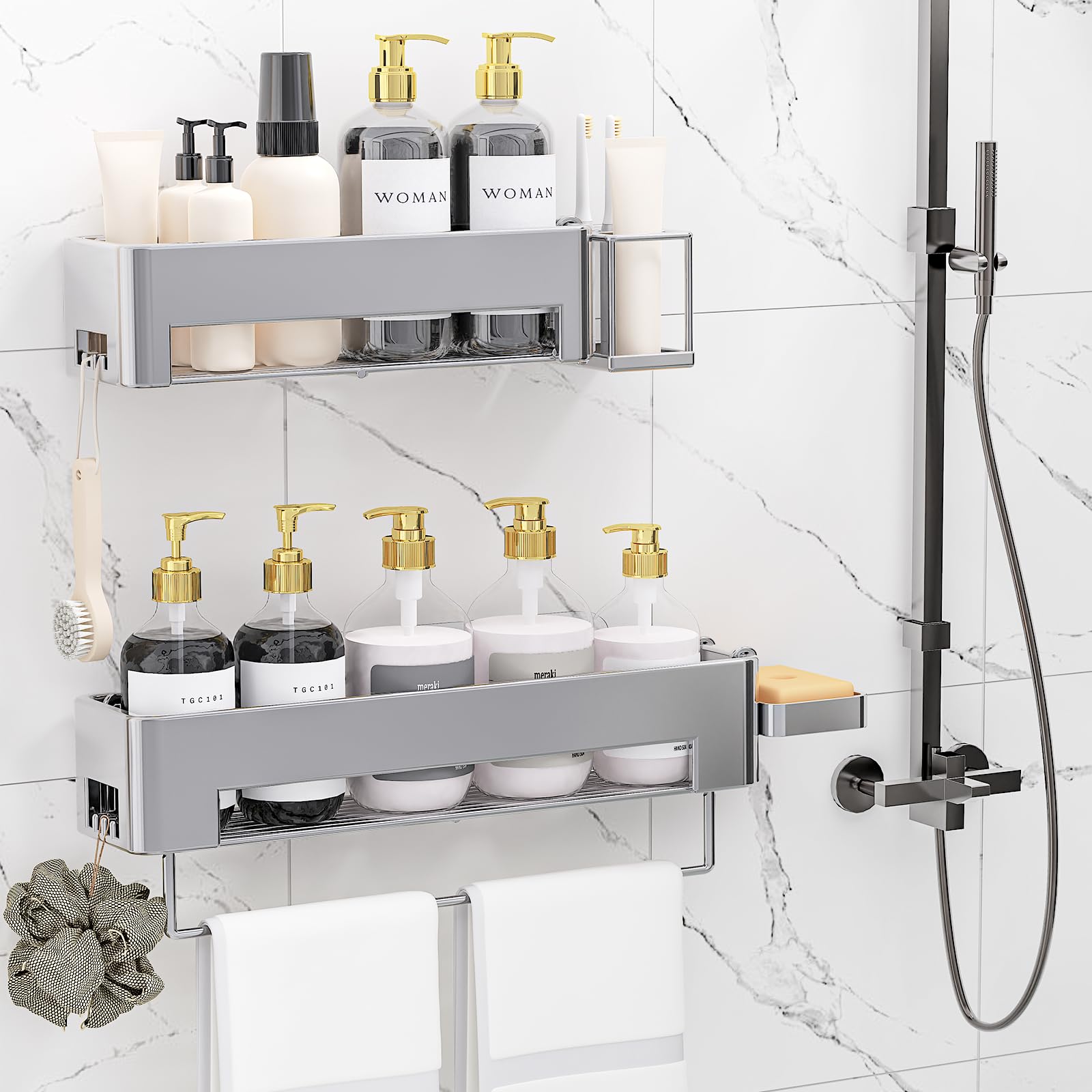 Photo 1 of necvha Shower Caddy, 4 Pack Shower Organizer Adhesive, 15.15in Large Capacity Heavy Duty Metal Bathroom Shelves, No Drilling for Bathroom Organizers and Storage & Home Decor & Kitchen (Grey)