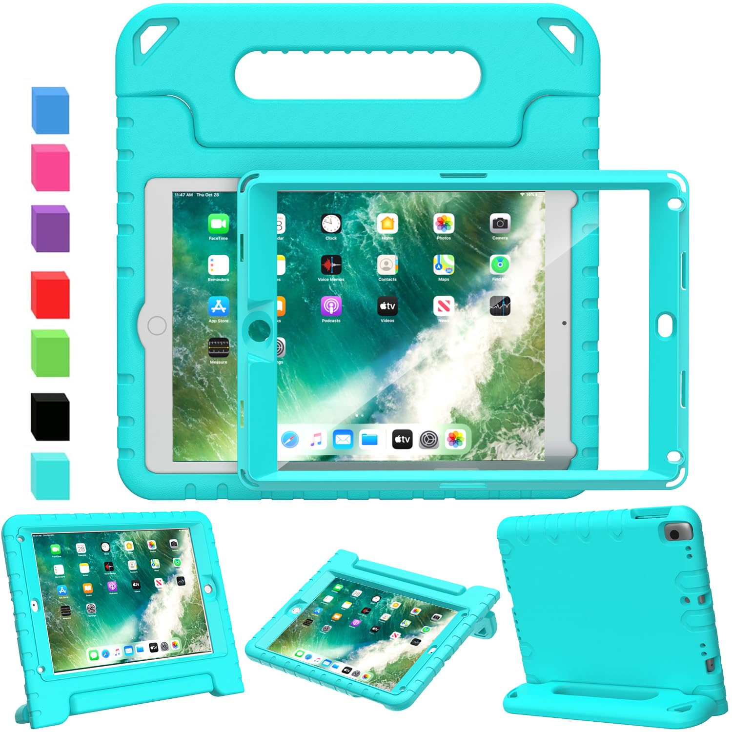 SINSO Kids Case for iPad 9.7 inch 6th Generation 2018/5th Generation 2017/iPad Air 2, Shockproof Lightweight ipad Cover Built in Screen Protector/Handle/Stand, Turquoise