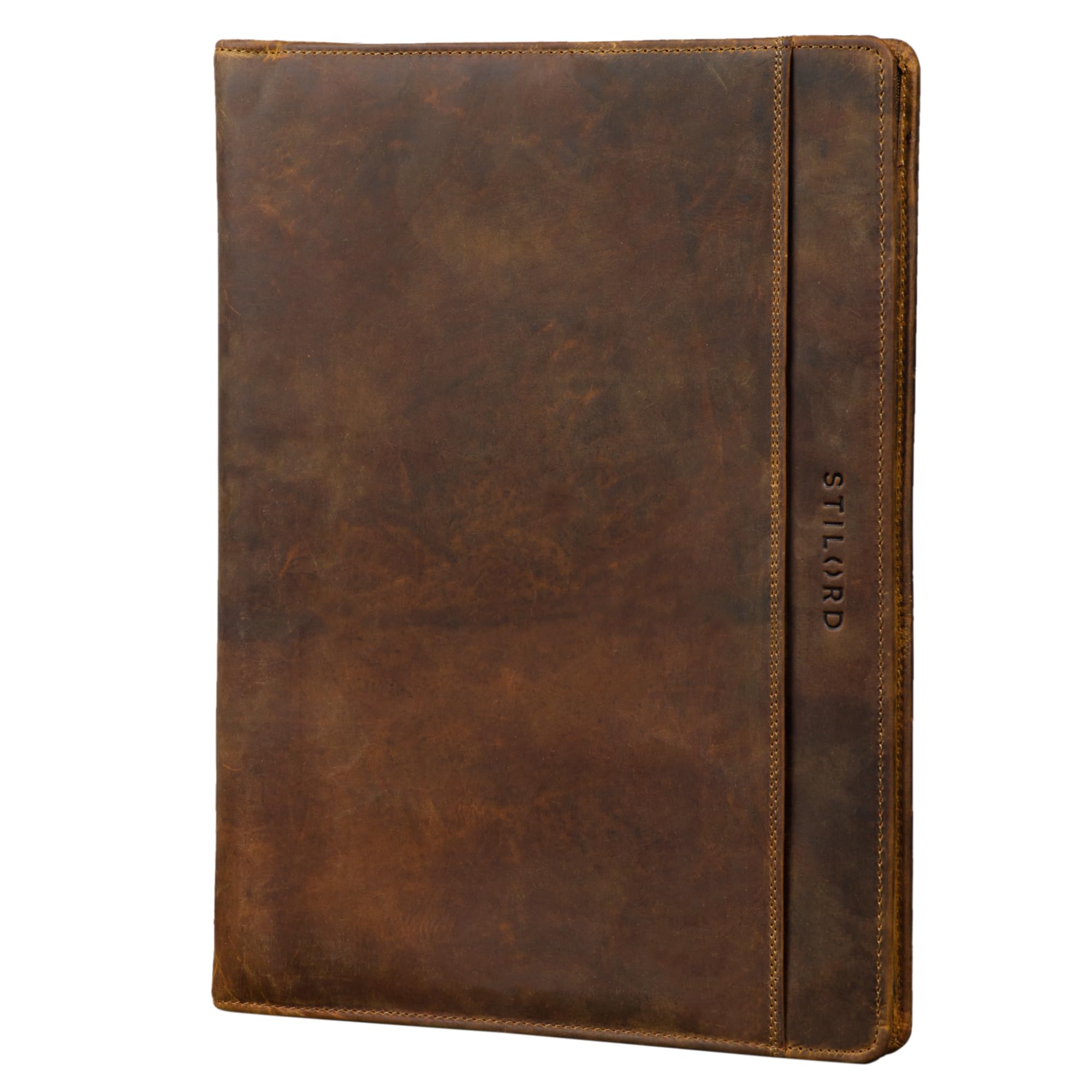 STILORD "Josh" Leather Conference Folder A4 Vintage Business Map with Zip and Ring Binder Portfolio Document Folder for 13,3 Inch MacBooks Colour:Middle Brown