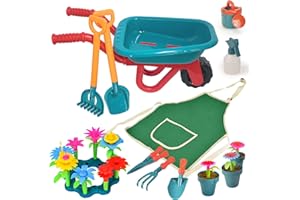 unanscre Gardening Tool Set for Kids, with Toddler Wheelbarrow, Watering Can, Spray Bottle, Double Rake, Shovel, Trowel, Pruner, Flowers Kit, Apron, Pretend Play Garden Toys for Age3+ Outdoor Yard