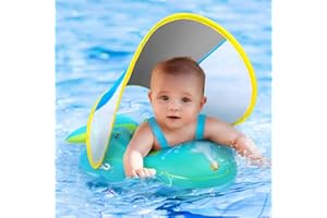 No Flip Over Baby Pool Float with Canopy UPF50+ Sun Protection, Inflatable Baby Float with Sponge Safety Support Bottom, Fun 