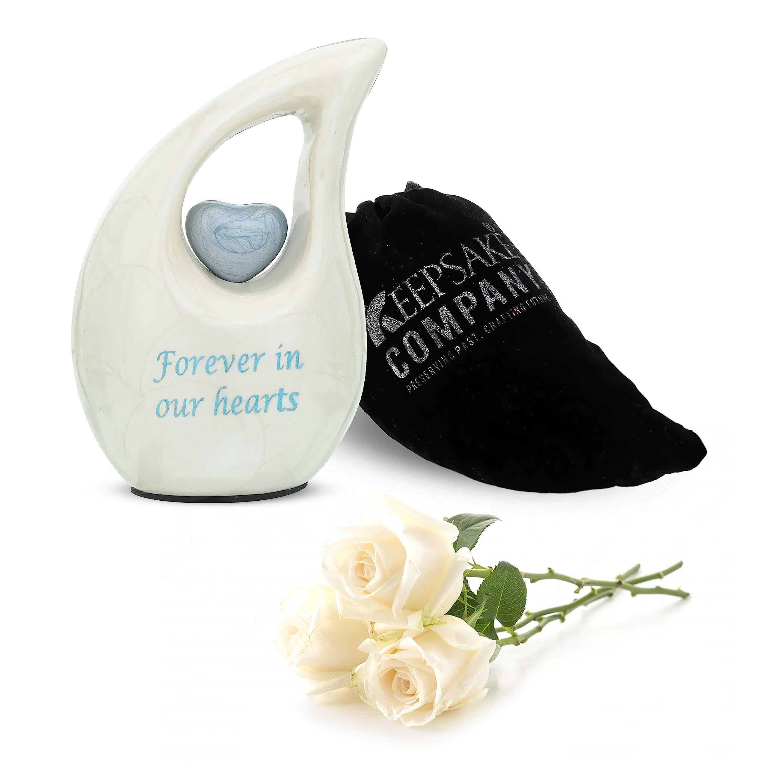 KEEPSAKE COMPANY Teardrop Urns for Human Ashes Mini Urn with Sky Blue Heart Cremation Keepsakes for Ashes ERN Tiny Little with Premium Velvet Bag,White With Sky Blue Heart