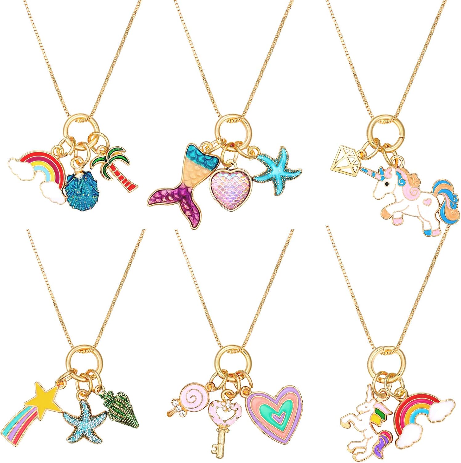 Hicarer 6 Pieces Unicorn Necklaces Mermaid Necklace Cute Rainbow Necklaces Love Heart Necklaces for Princess Party Favors: Jewelry
