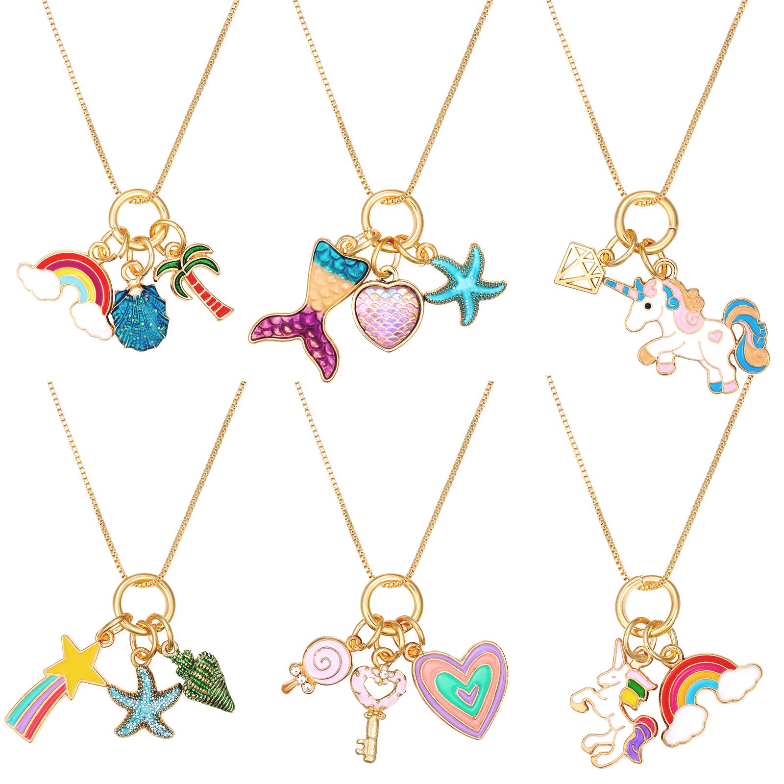 Photo 1 of Hicarer 6 Pieces Unicorn Necklaces Mermaid Necklace Cute Rainbow Love Heart Crown Snowflake Bunny for Christmas Valentines Easter Princess Party Favors(Classic Style)