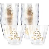 Sparkle and Bash Clear Plastic Cups - Festive Print for Eat, Drink & Be Merry Party Supplies - Durable Plastic Cocktail Glasses - 9 Oz Disposable Wine Cups - 50 Count