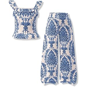 Voxikidio Girl's 2 Piece Outfit Summer Clothes Ruffle Sleeveless Tank Top and Pants Set with Pockets Size 6-12