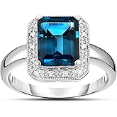 KOKAV 925 Sterling Silver Genuine London Blue Topaz Emerald Cut Ring with Diamonds