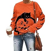 Black Cat on Pumpkin Sweatshirt Halloween Sweatshirts for Women Fall Pumpkin Face Tee Lightweight Pullover Tops
